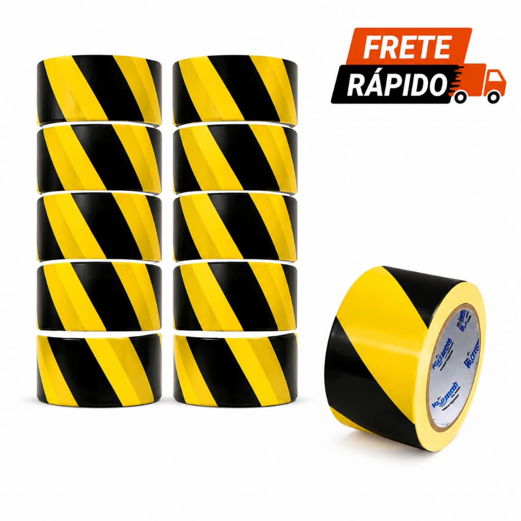 Kit 5un Fita Zebrada Plastcor 70mm x 200m Preta Amarela Sinalização Segurança Isolamento Obra Profissional EPI