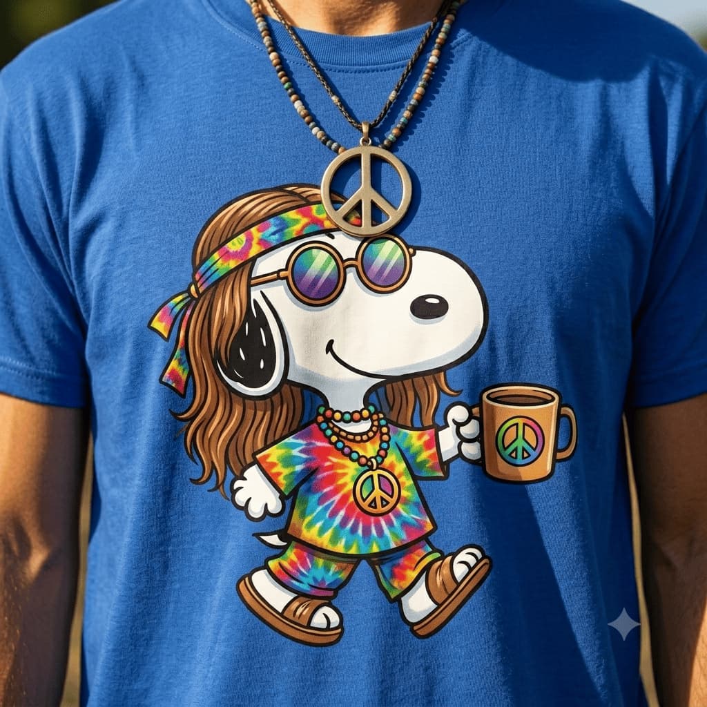 Camiseta Algodão Hippie Snoopy Paz e Amor
