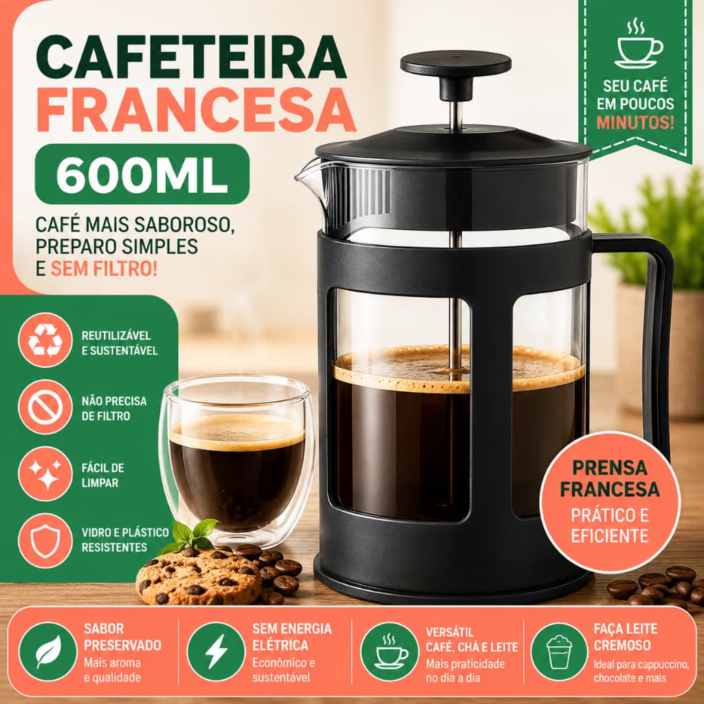 Cafeteira Prensa Francesa 600ml Premium Filtro Inox Reutilizável Chá Café Espumador de Leite