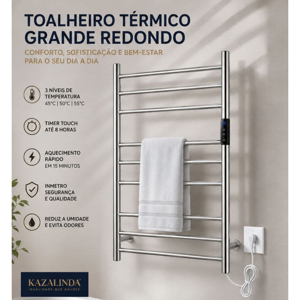 Toalheiro Termico Grande Redondo Inox Bivolt Timer Fio Lado Esquerdo Kazalinda