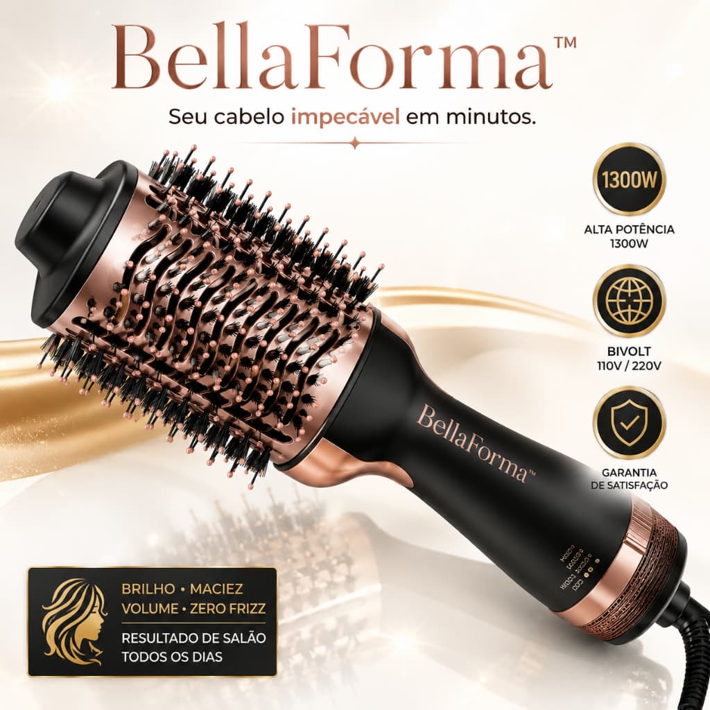 Escova Secadora BellaForma 1300W Bivolt Escova Modeladora Alisadora Para Todos os Tipos de Cabelo