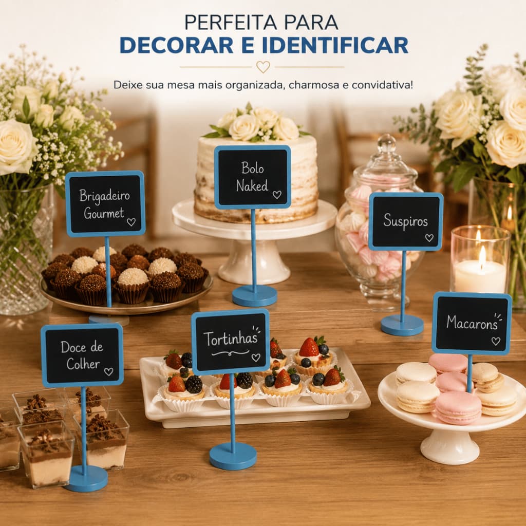 Kit 6 Lousas Azul de Mesa Madeira Identificação Buffet Restaurante Casamento Festa Decoração Eventos