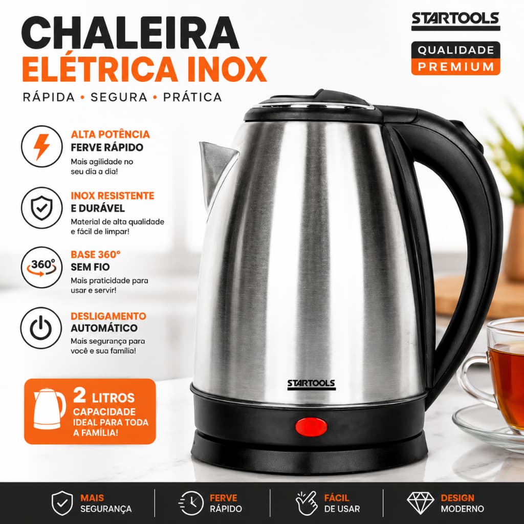 Chaleira Elétrica Inox 1,8L Fervura Rápida Base 360° Desligamento Automático Café Chá Chimarrão