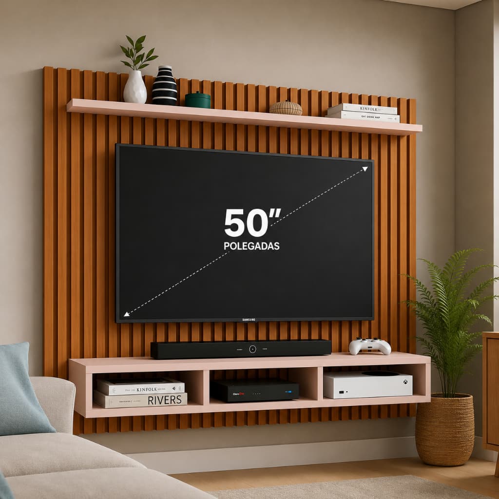 LANÇAMENTO! Painel Aconchego Para TV de 43 50 55 e 60 Polegadas Suspenso Ripado 3D com Prateleira e Nichos