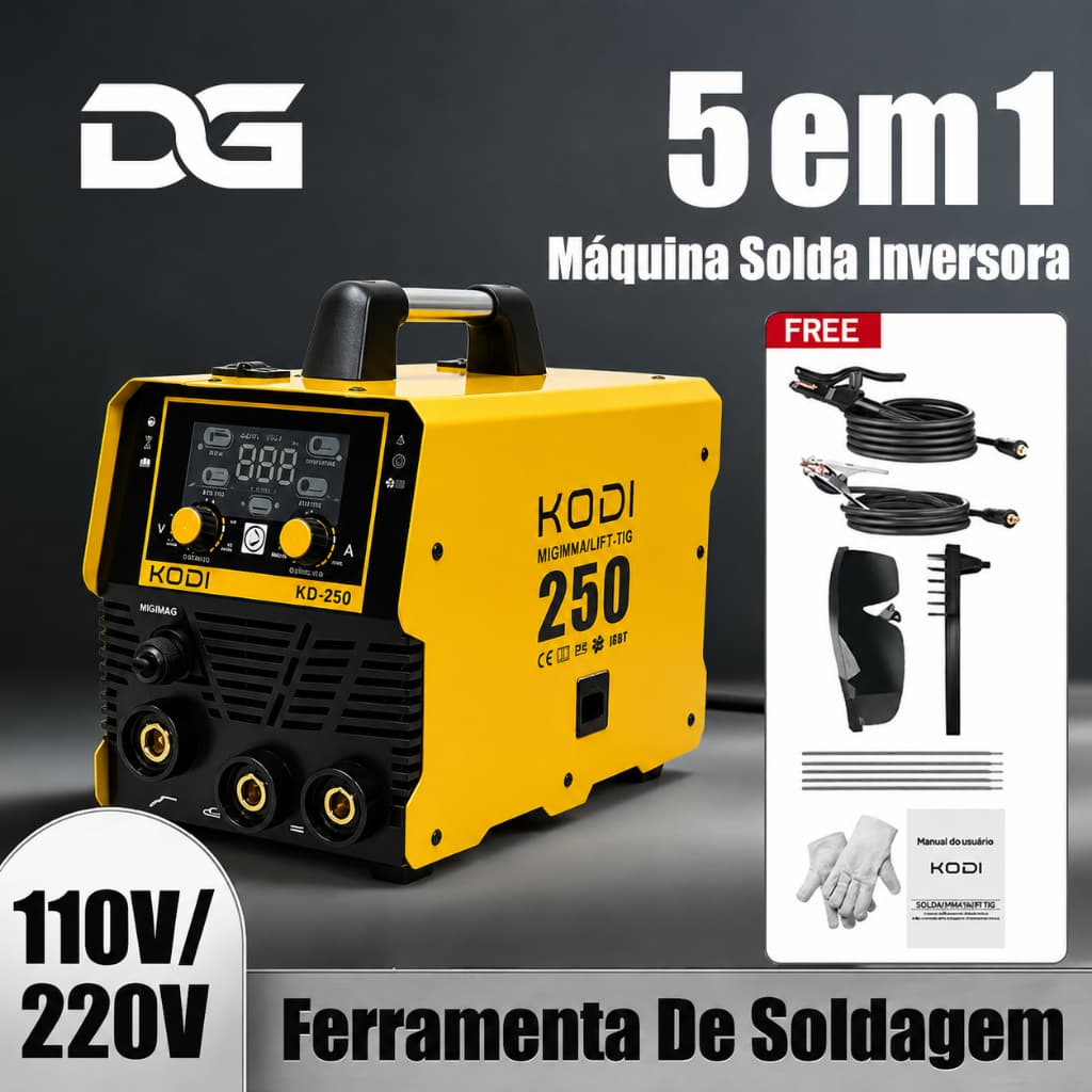 Máquina de Solda Inversora 5 em 1 Sem Gás Profissional Serviço Pesado Bivolt 110V/220V MIG MMA-D13