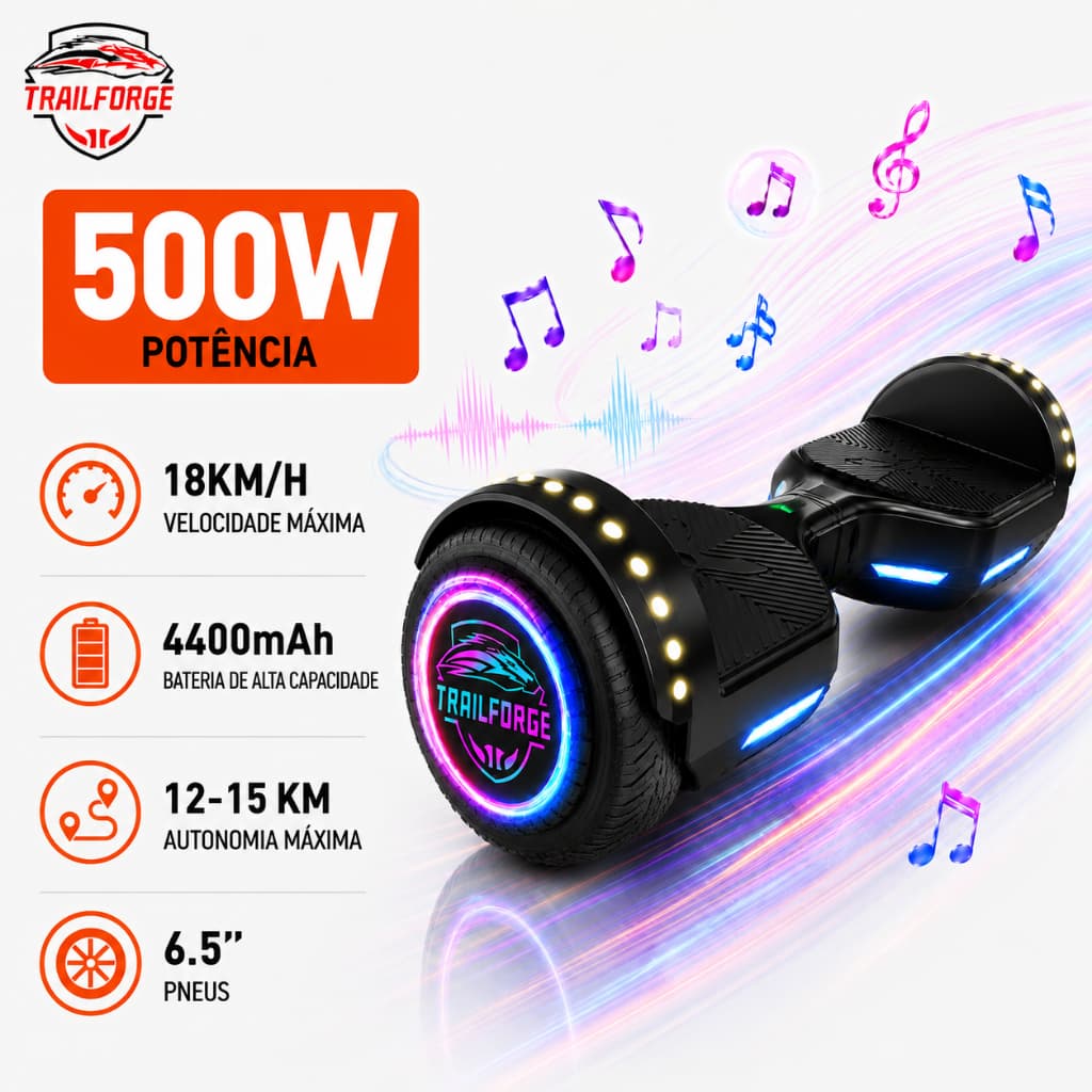 Trailforge-H1 Hoverboard Infantil Skate Elétrico 6.5" 500W 4.4AH Led Bluetooth Música Bluetooth