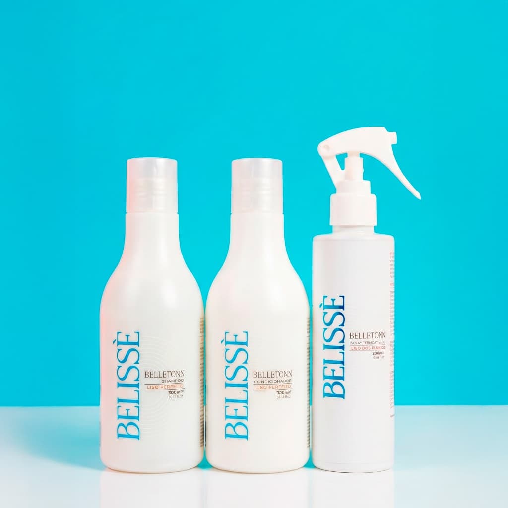 Kit Belisse Belletonn Efeito Liso de Salão em Casa 500ml Shampoo + Condicionador + Fluido Alisamento sem Quimica