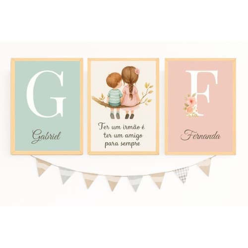 Quadros Decorativos Irmãos Nomes Personalizdos Letra Menino Menina Aquarela Delicado Minimalista