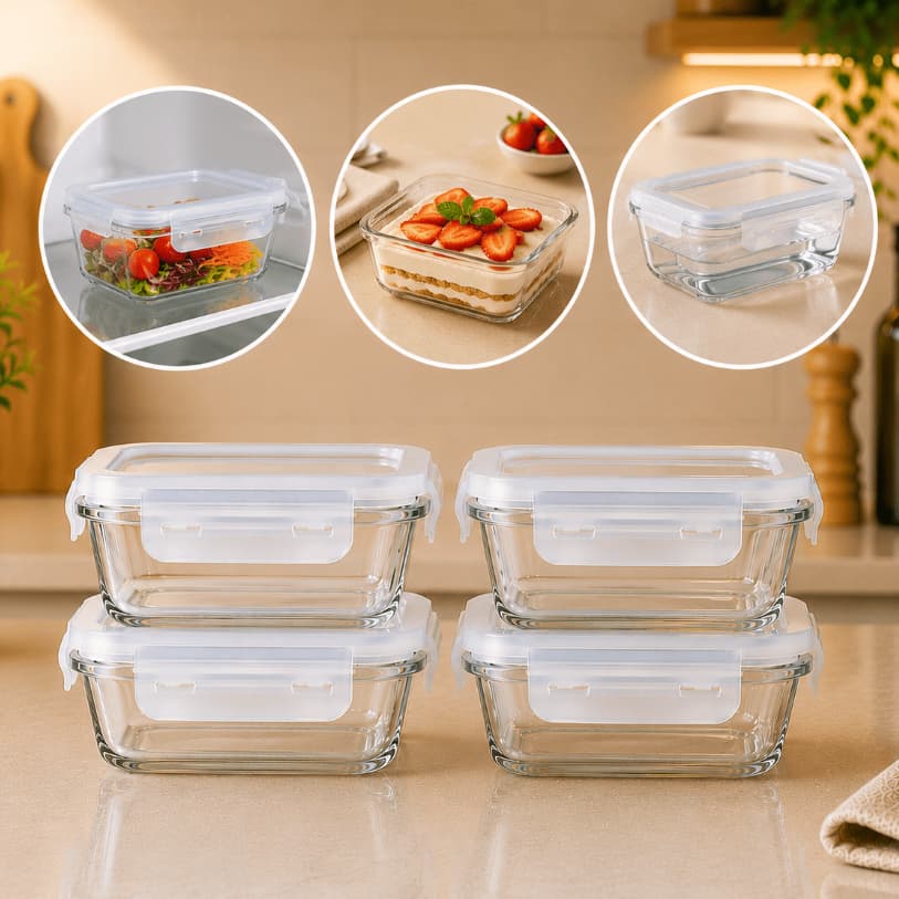 Kit Conjunto 4 Potes 370ml Vidro Hermético Borossilicato Jogo Marmitinha Forno Microondas Freezer