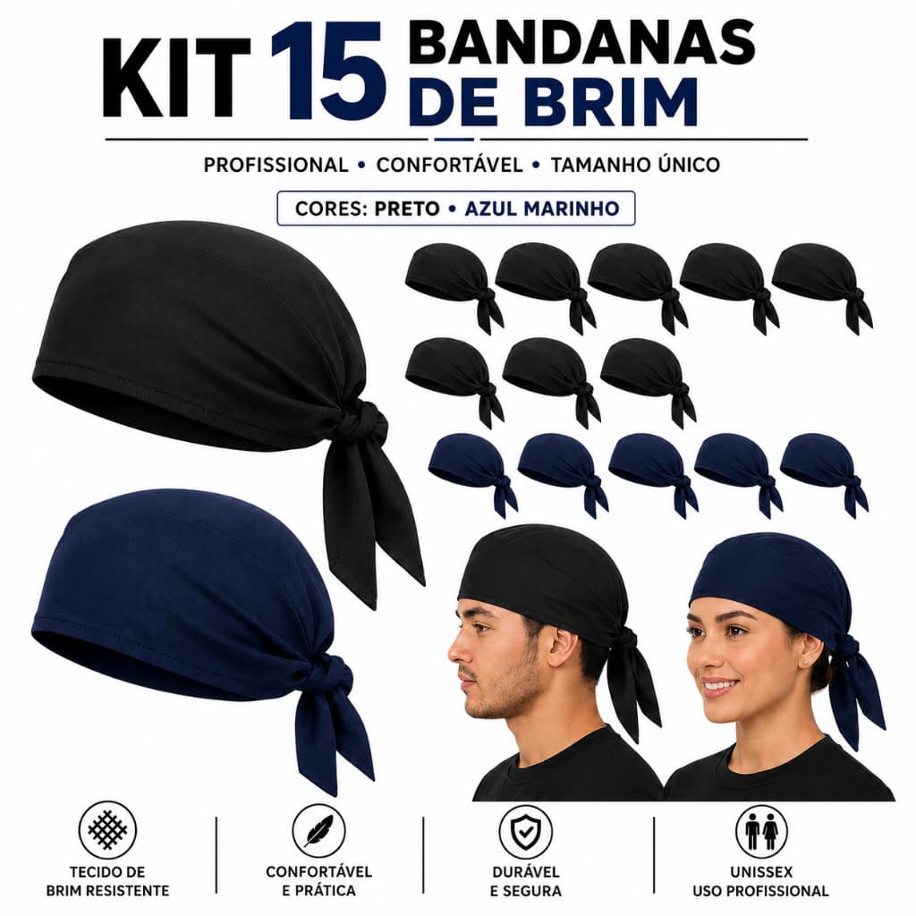 Kit 15 Bandana Cozinha Unissex  - Touca Garçom Chef Barman Cozinheiro Restaurante Preto e Azul Confeitaria