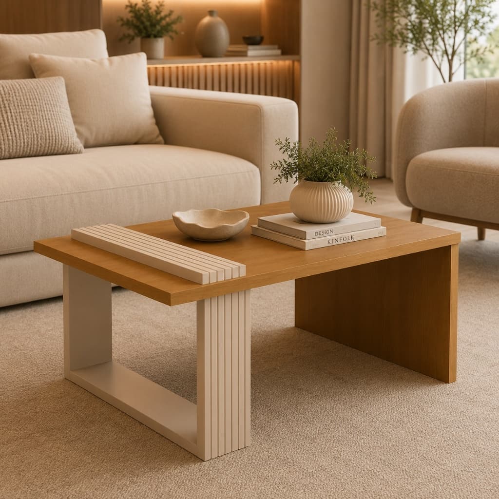 Mesa de Centro Retangular Para Sala Decoração Moderna Com Pés Ripados Mesa de Apoio Detalhes Ripados