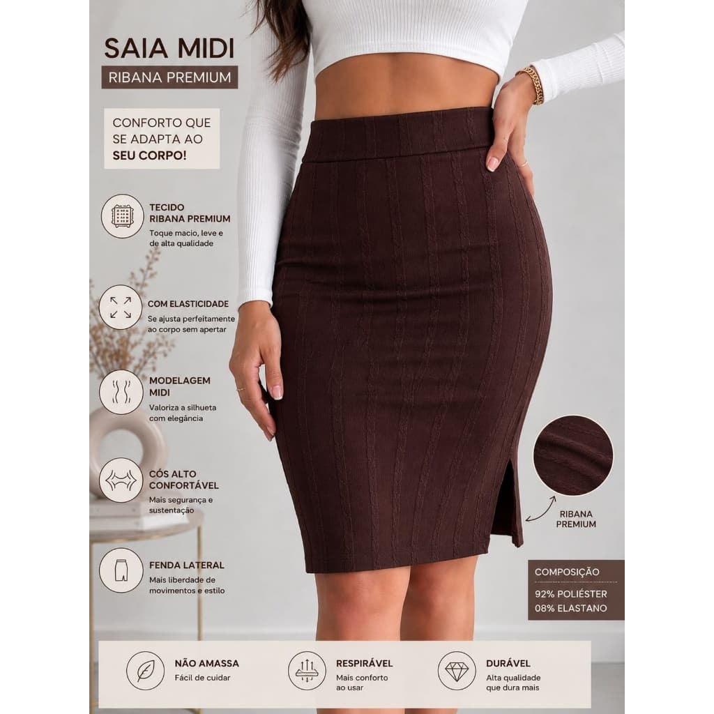 Saia Ribana Premium Midi Casual Modela Ao Corpo Confortavel