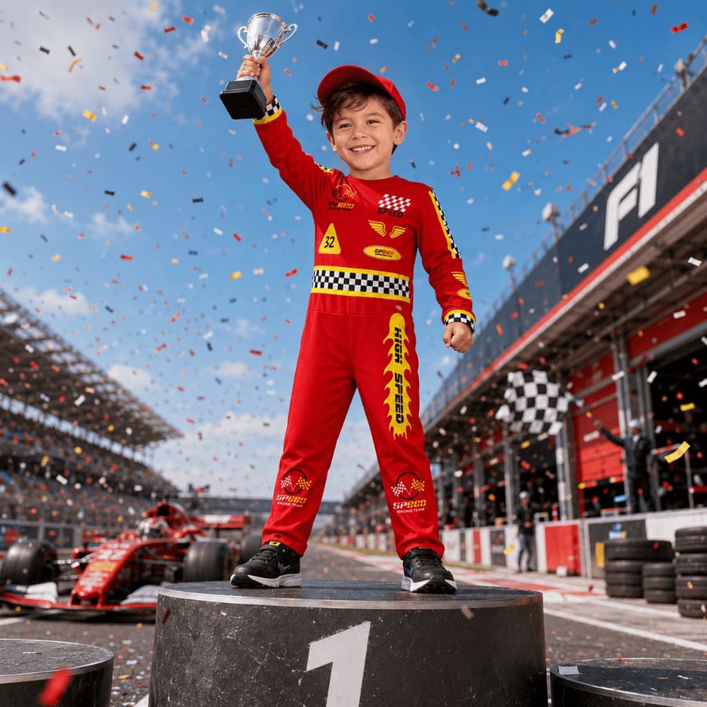 Fantasia Piloto Infantil Fórmula 1 Campeão das Pistas Macacão Carro Speed Dia das Crianças Halloween