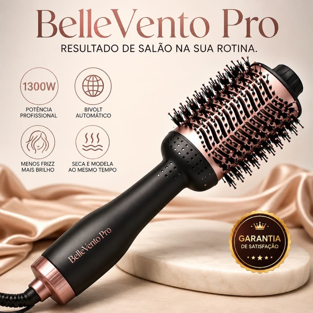 Escova Secadora de Cabelo Profissional 1300W Bivolt 2 em 1 Seca Alisa Modela Anti Frizz BelleVento Pro