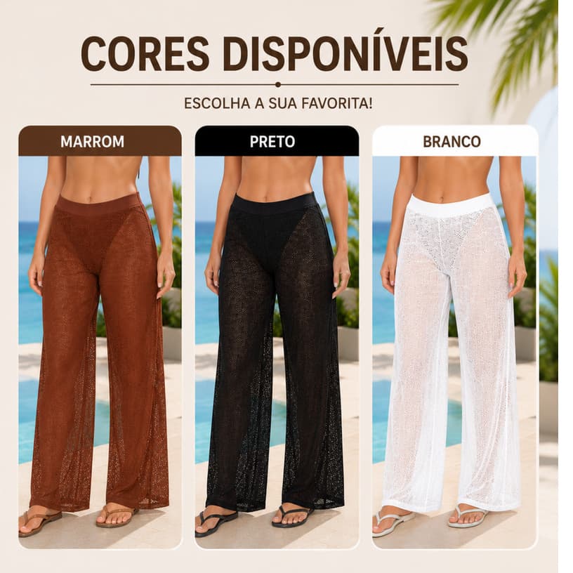 Calça Saída de Praia Adulto Feminina Transparente Texturizada Cós Elástico Pantalona Moda Verão