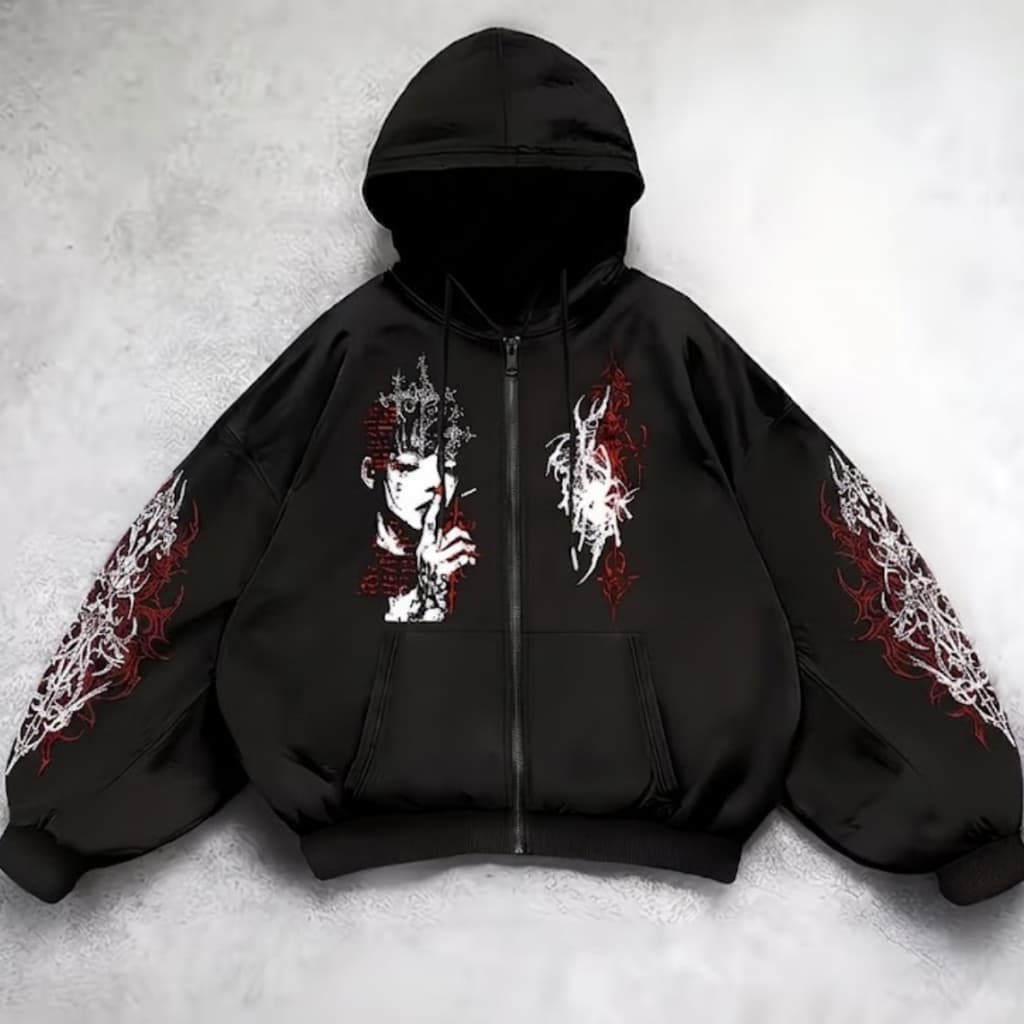 Casaco Moletom Zíper E Capuz Normal Oversized Estilo Y2K Street Dark Emo Flanelado
