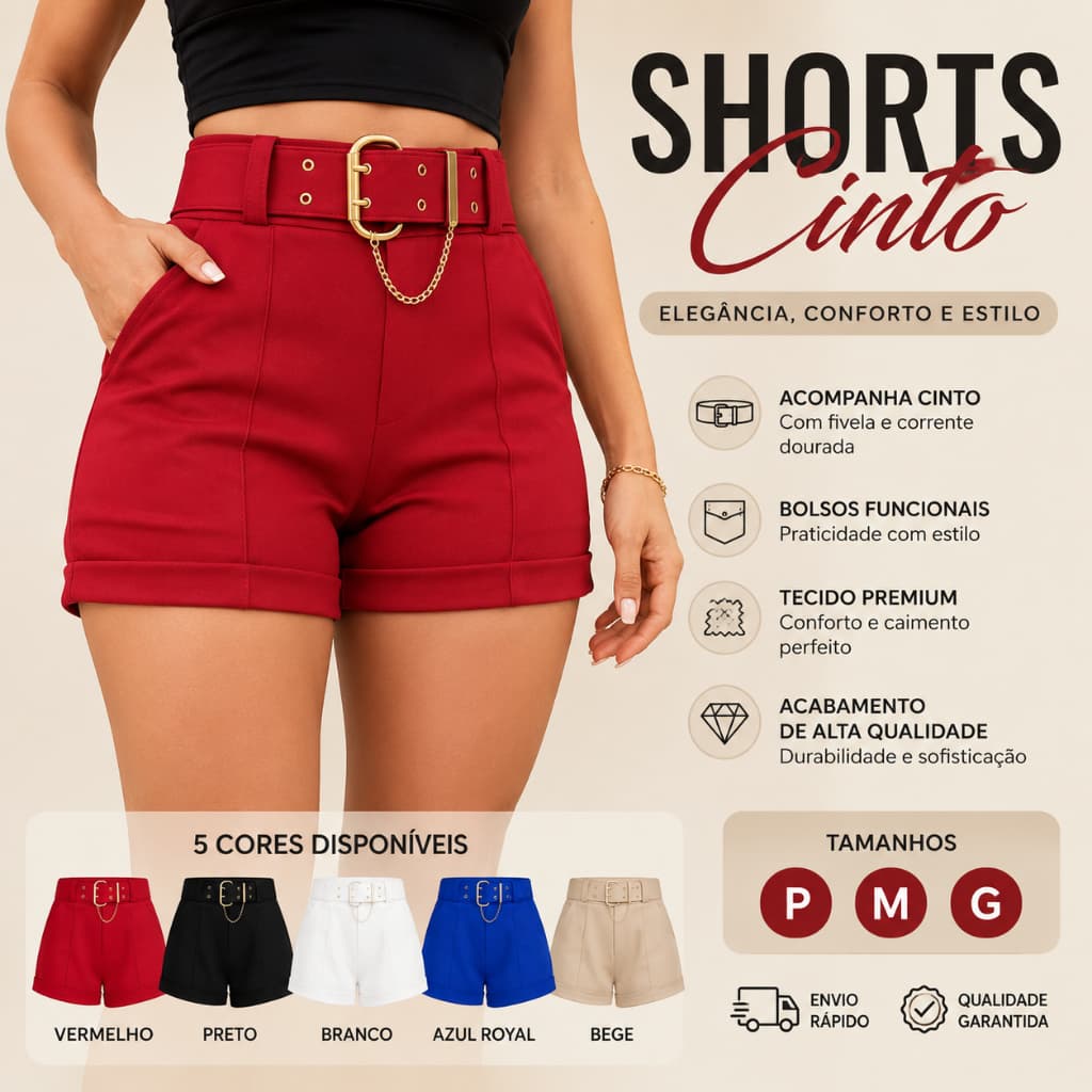 Short Neoprene Feminino Elegante com Cinto 2 Bolsos Frontais Lycra M G GG - Envio Imediato !!!