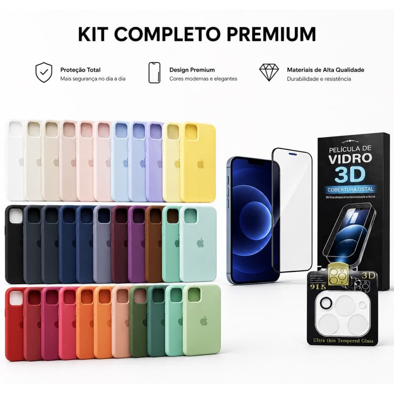 Kit 3em1 Case Silicone Colorida iPhone X XR XS 11 ao 17 Pro Max + Película Vidro 3D + Lente Câmera - Avatar