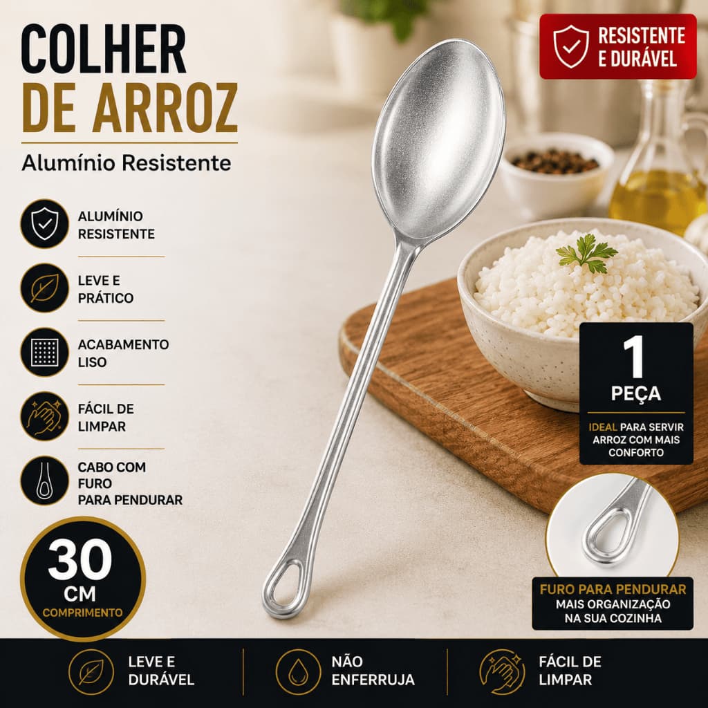Colher de Arroz Grande 30cm em Alumínio Reforçado Cabo com Furo Cozinha