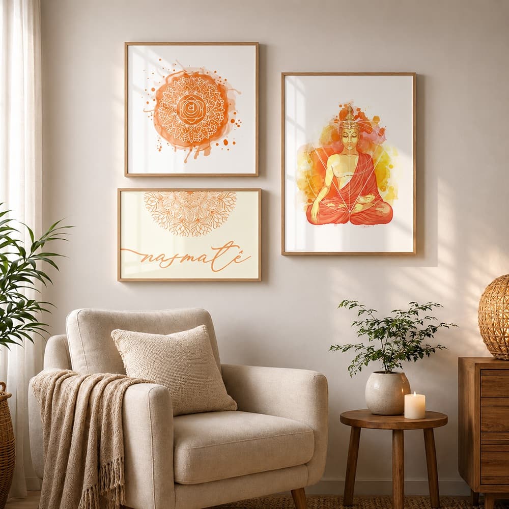 Quadro Decorativo Energia Positiva - Arte para Alma Kit 3 Peças Sala Quarto com Moldura