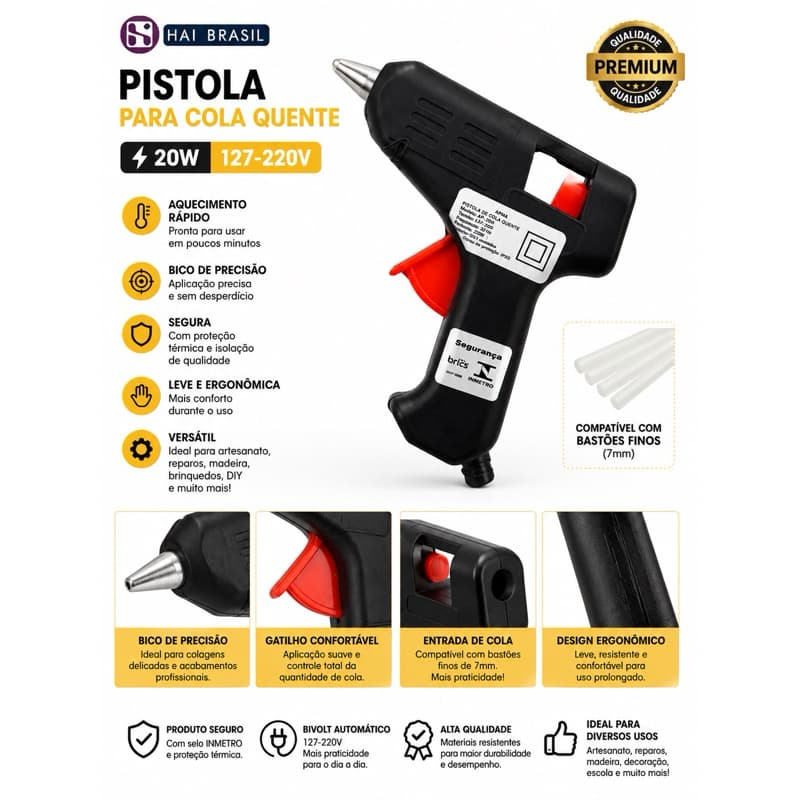 Pistola De Cola Quente Bivolt 20W, Só a Pistola ou 7e10 Bastões de cola quente