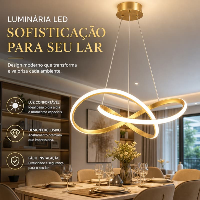 Luminária Pendente LED Moderna Dourada 3 Cores Luz Bivolt Sem Cintilação Lustre Sala Jantar Escritório Altura Ajustável
