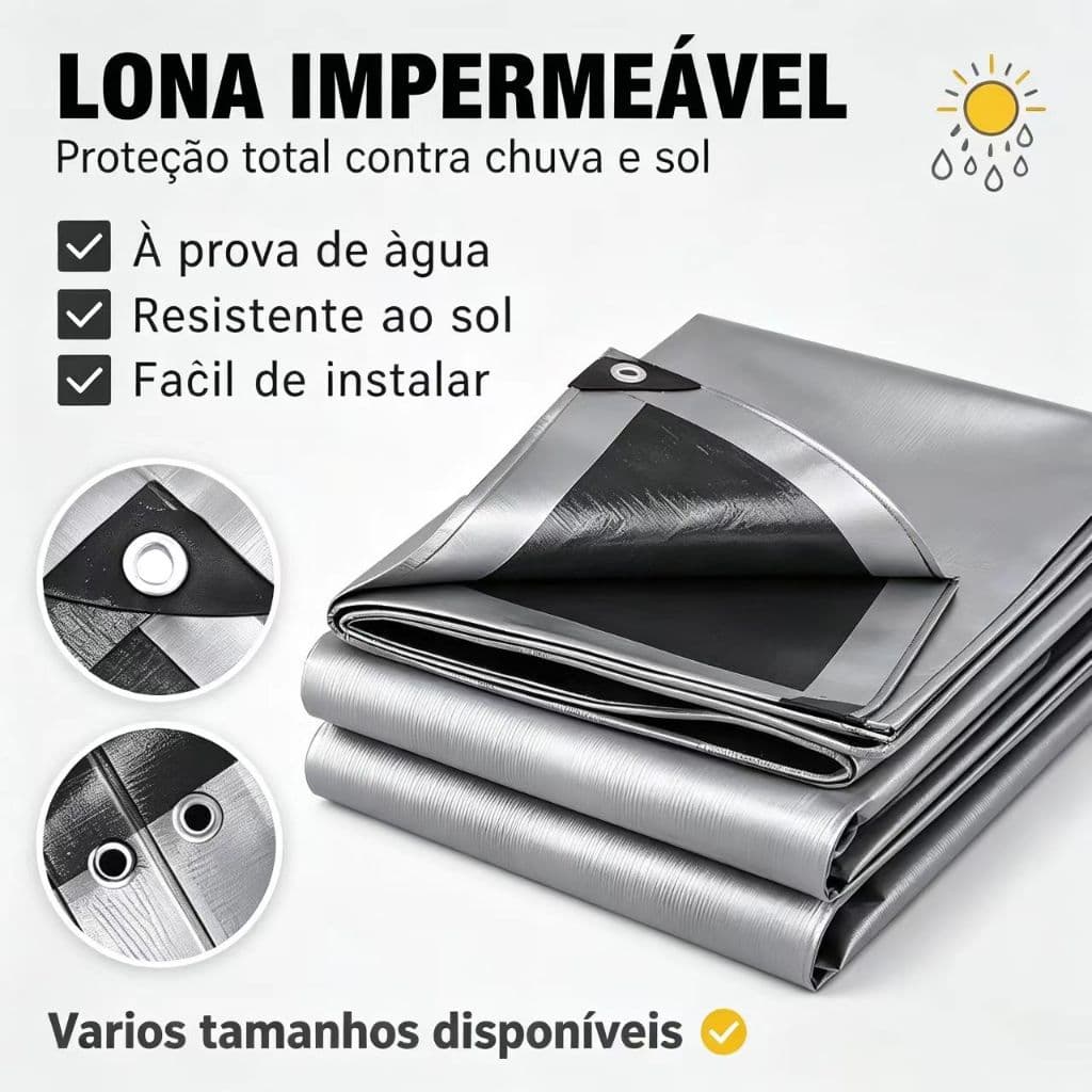 Lona Multiuso Impermeável Preto e prata Grossa 180g/m2 com Corda 10m