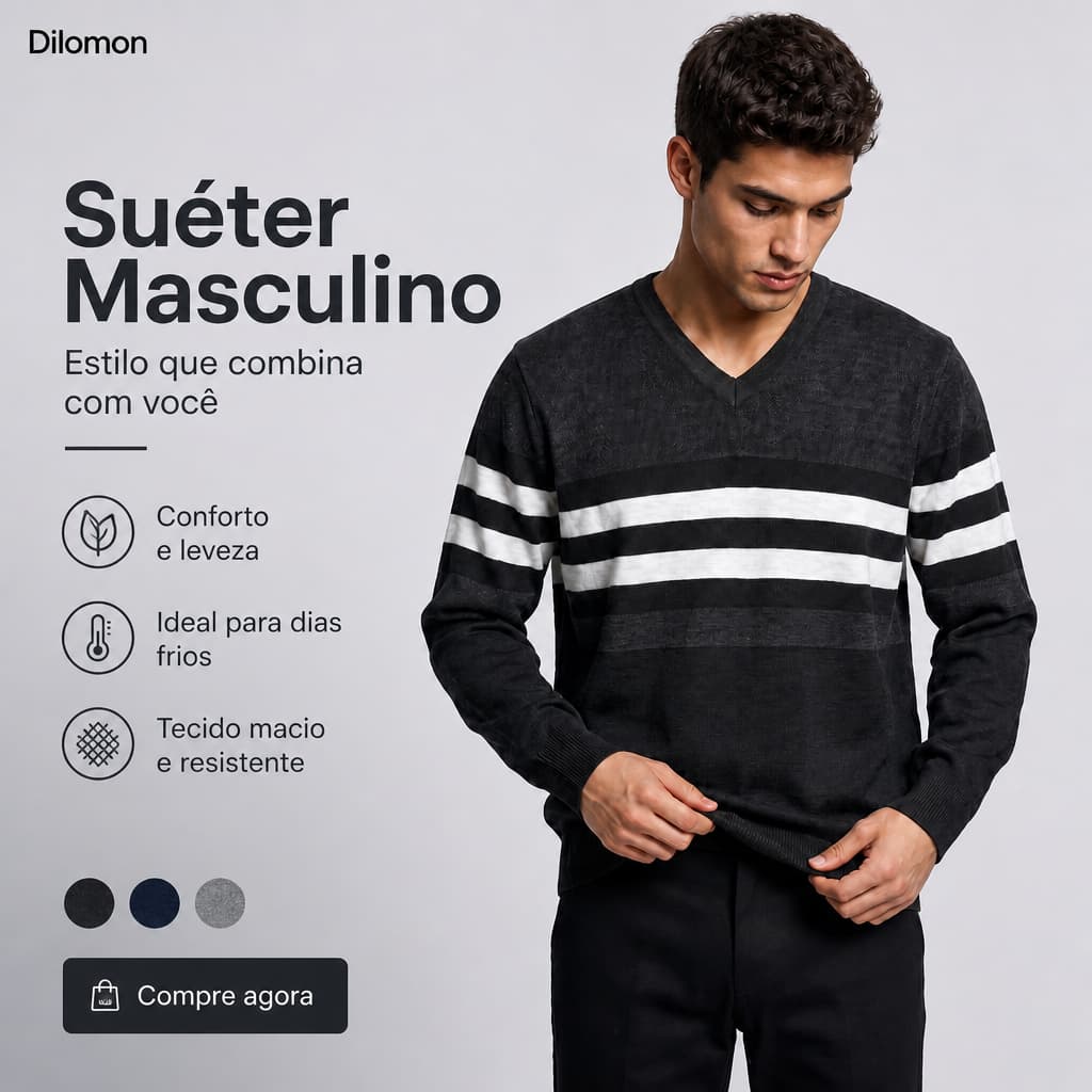 Dilomon Inverno Suéter Masculino Manga Longa - Malha Lisa Quente -  Gola V Slim Fit Malha Masculina