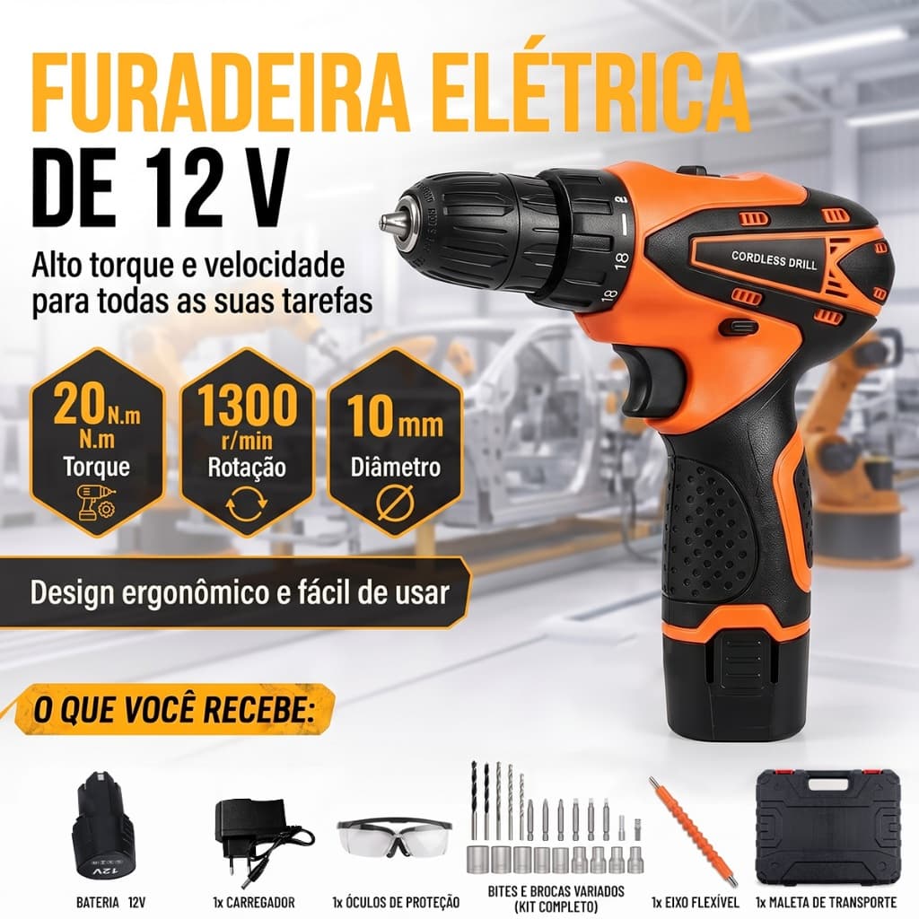 SOLID DOCTOR Furadeira Parafusadeira 12V Furadeira sem Fio 2 Baterias 20NM 24 Peças 2 Baterias