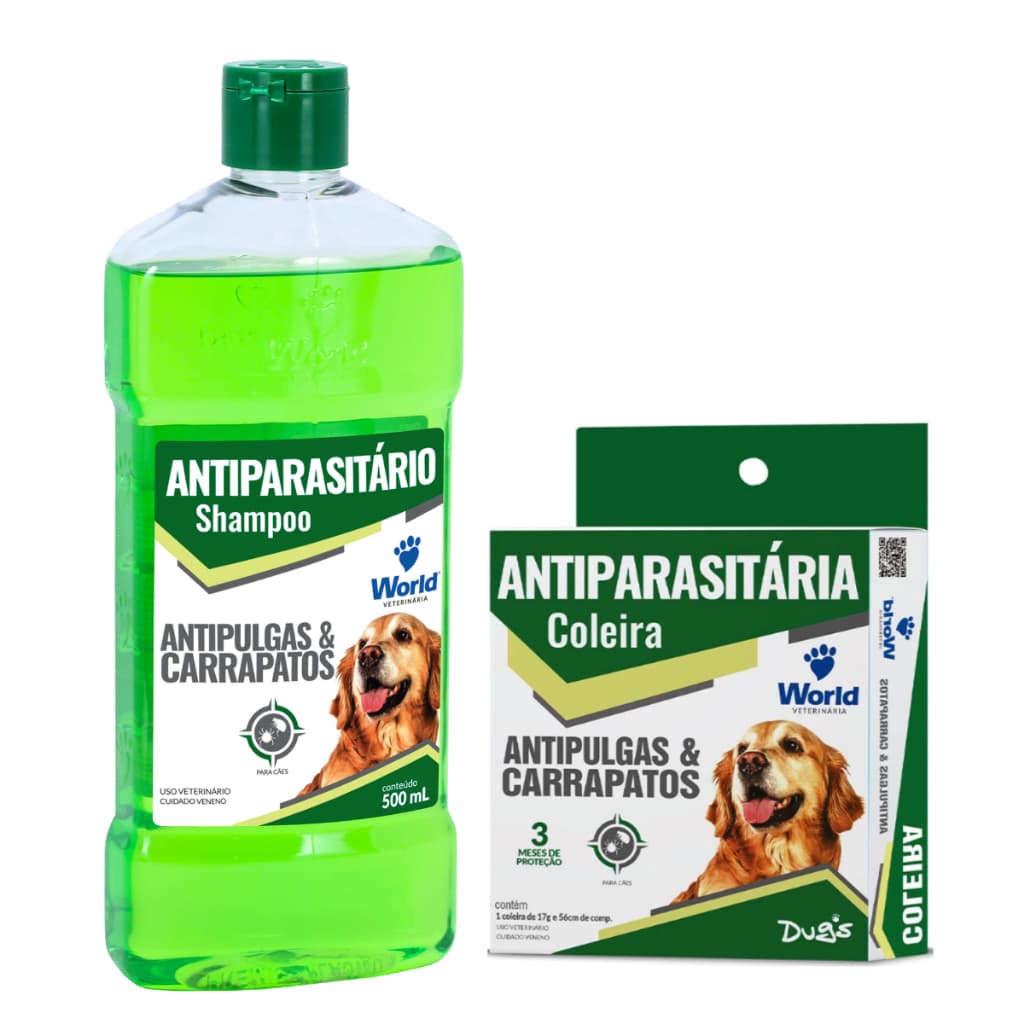 Kit Anti Pulgas e Carrapatos Shampoo Antiparasitário + Coleira P/cães e Gatos World Dug's