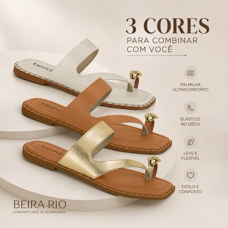 Sandália Feminina Rasteira Beira Rio Confortável Elegante com Aplique Dourado Original
