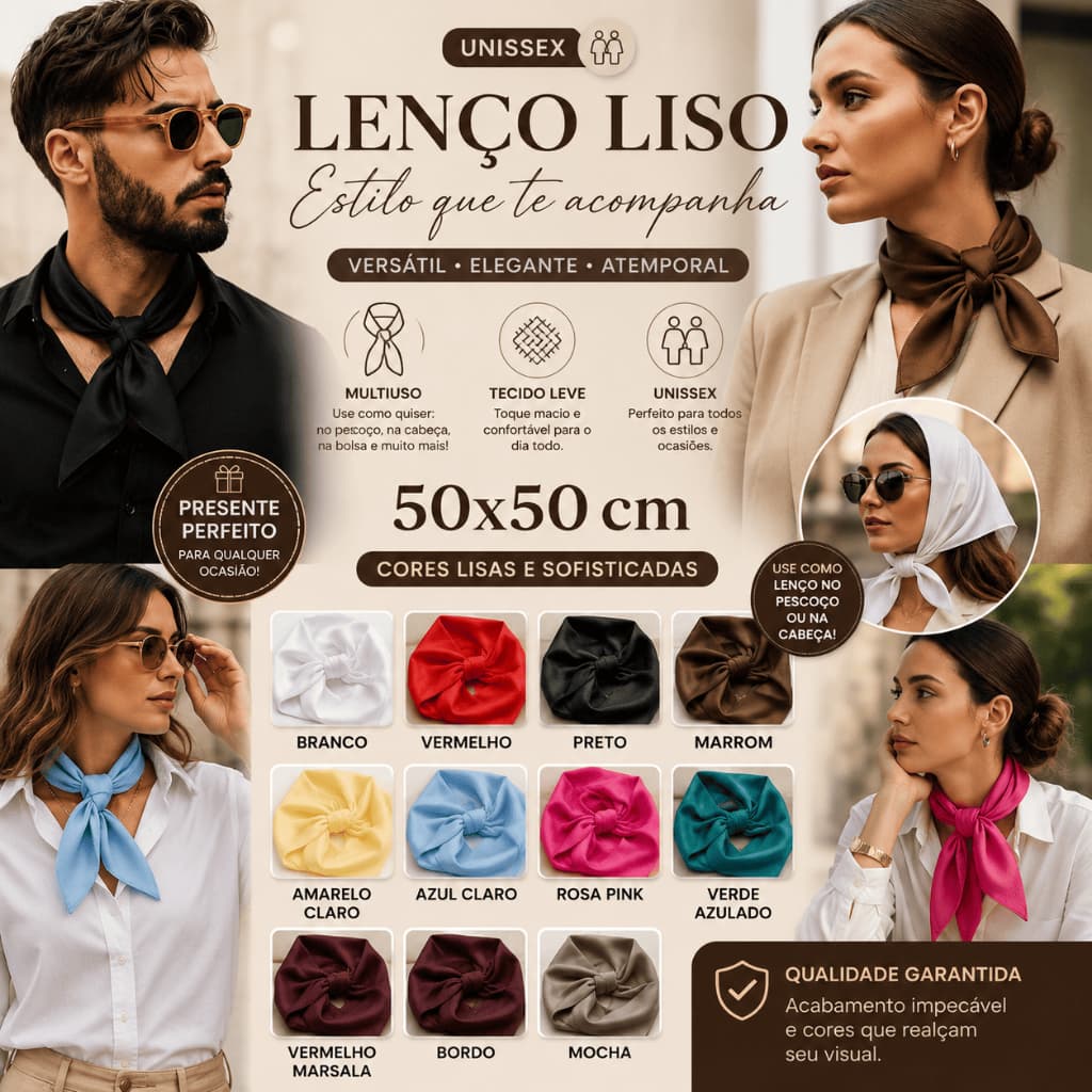 Lenço Liso 50x50 Unissex | Bandana Elegante para Pescoço, Cabeça, Look Country, Junino, Arraiá