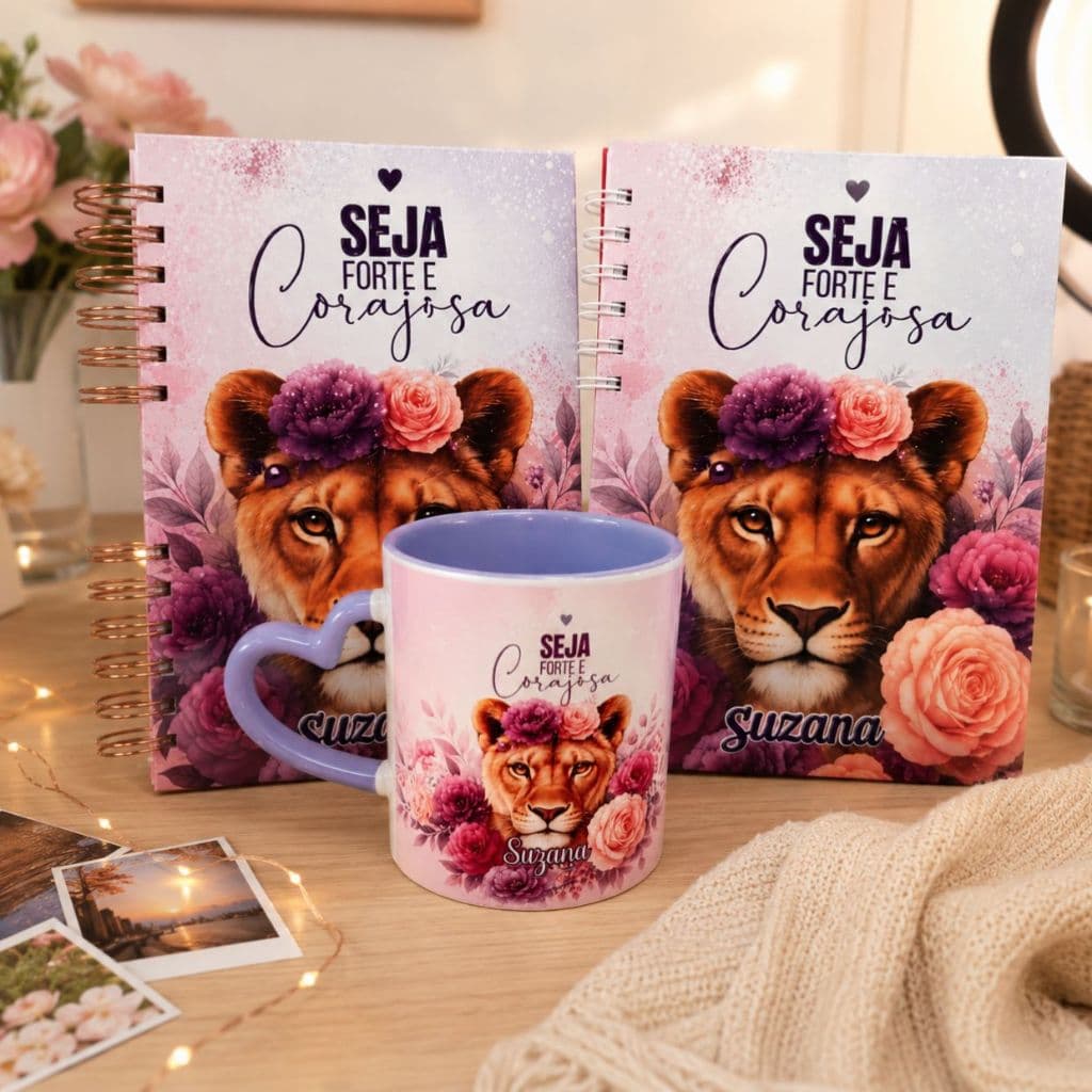 Kit Agenda 2027 + Caderno + Caneca Personalizados | Seja Forte e Corajosa | Presente Feminino