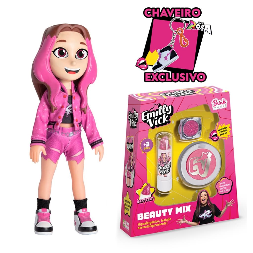 Kit Boneca Emilly Vick + Maquiagem Beauty Mix Dos Rosa Infantil