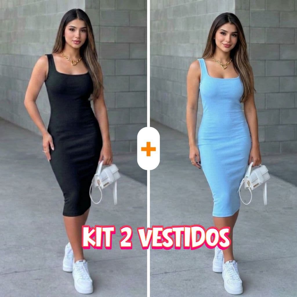 Kit 2 peças Vestido Feminino Midi em Ribana de Algodão com Alça de Alcinha