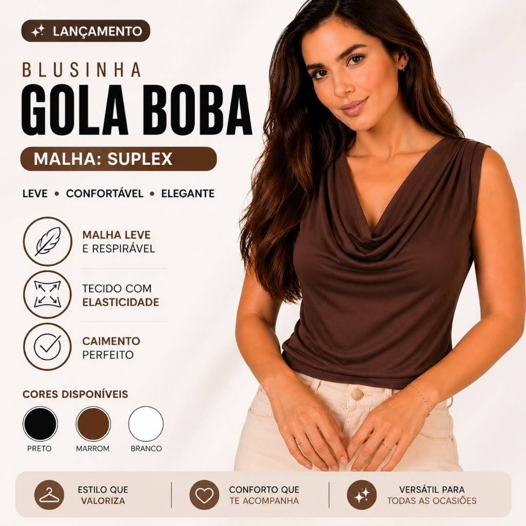Blusa Feminina Gola Boba Regata Suplex Elegante Casual Drapeada Primavera Verão Blusinha Feminino