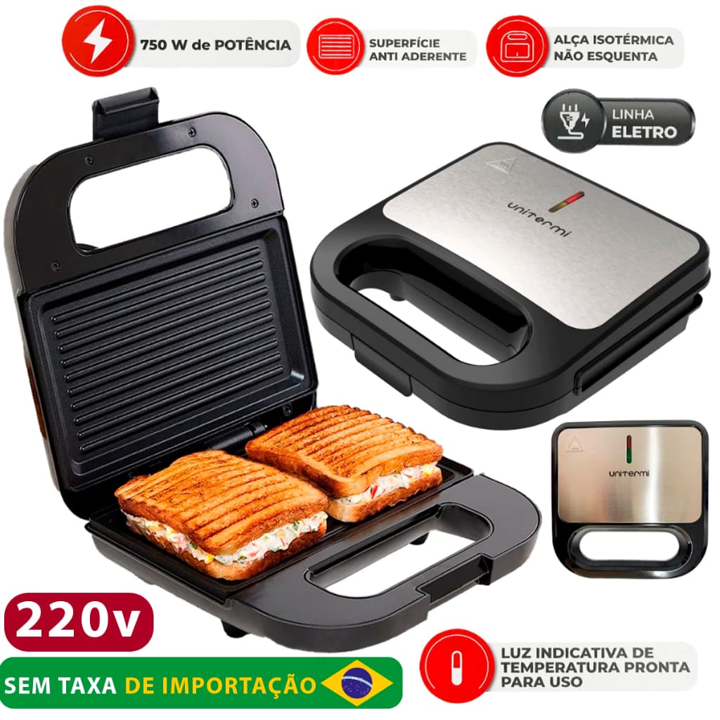 Sanduicheira Antiaderente Grill 2 em 1 Preta Elétrica Potência 750W Tensão 220V - Automatica