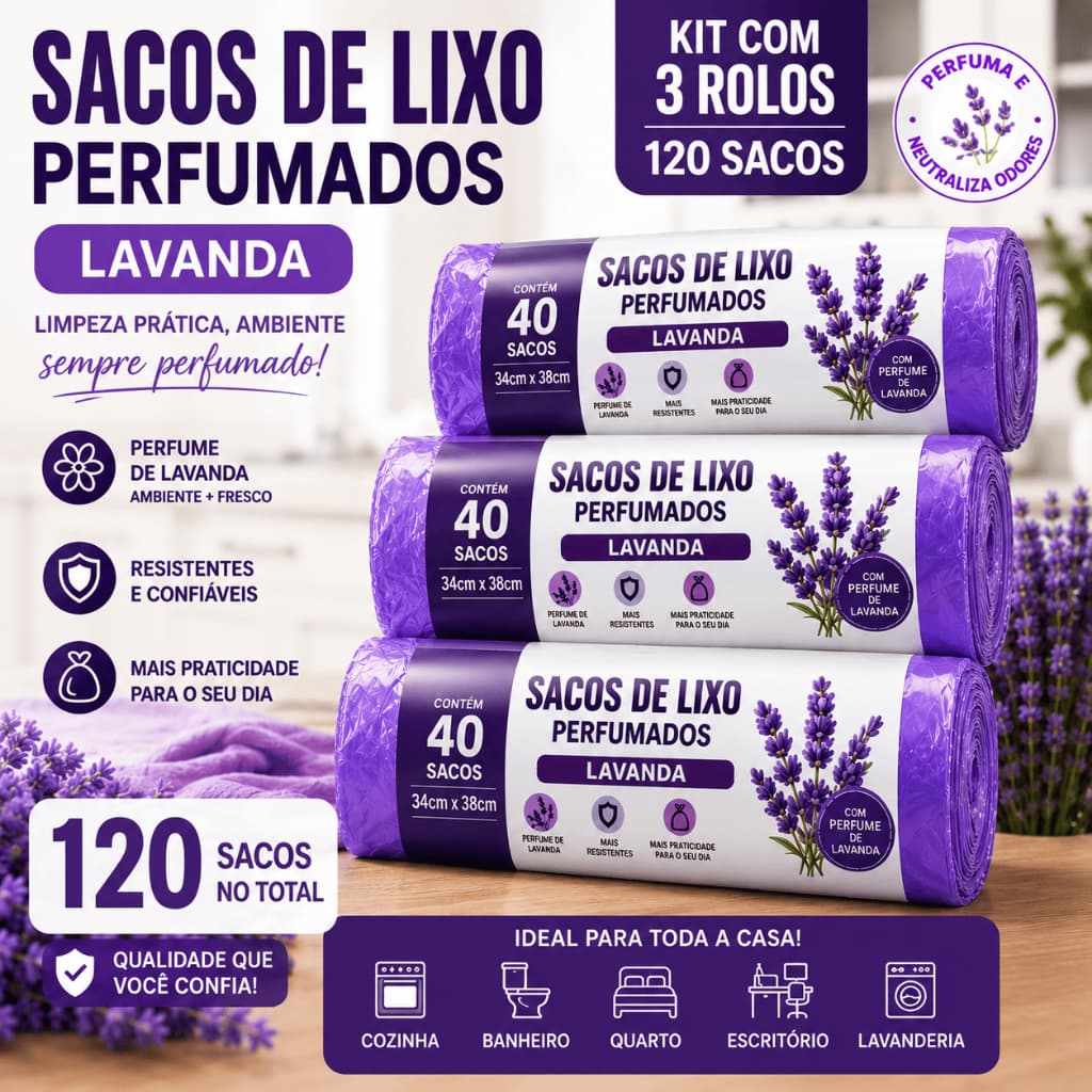Saco de Lixo Perfumado Lavanda 34x38cm 10L | Resistente | Neutraliza Odores | Kit 120 Sacos