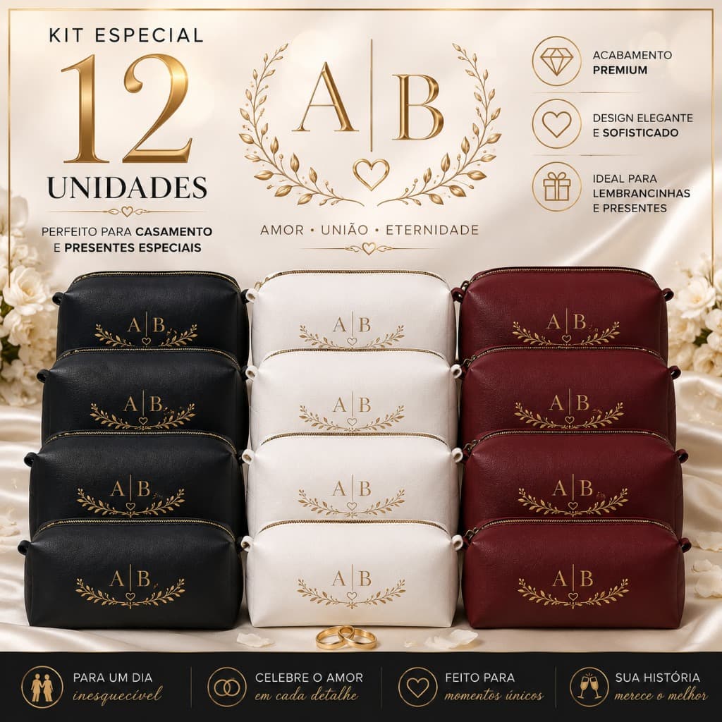 Kit 12 Necessaires Personalizadas Casamento com Iniciais dos Noivos Lembrancinha Premium
