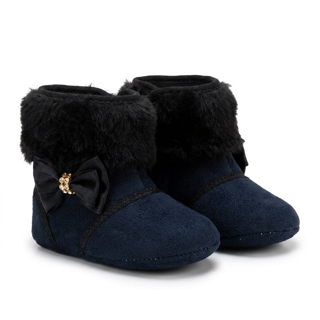 Botinha Bebê Feminina Azul Marinho com Pelúcia, Laço e Strass, Quentinha, Confortável para Inverno