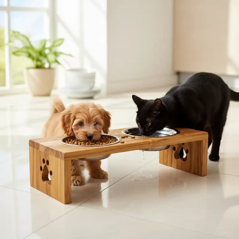 Comedouro e bebedouro Pet em madeira TECA e INOX comedouro elevado duplo animais médio/grande porte