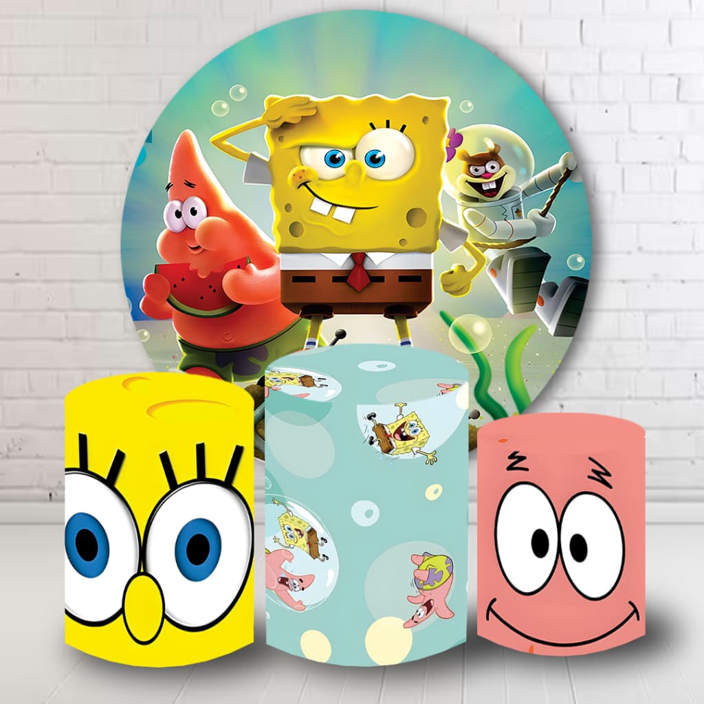 Kit Painel Decorativo + 3 Capas Cilindro Tema Bob Esponja Varios Temas Aniversário Festa
