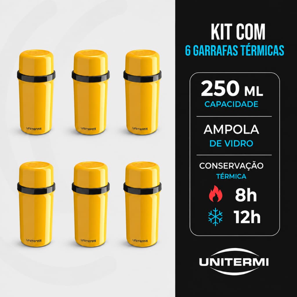 Kit 6 Garrafas Térmicas Portáteis 250ml Unitermi Fano Tampa Copo Rosqueável Conservação Térmica