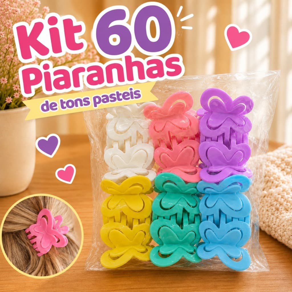 Kit 60 Piranhas Borboleta Tons Pastéis Presilha de Cabelo Colorida Lembrancinha Bloguerinha Tiktok