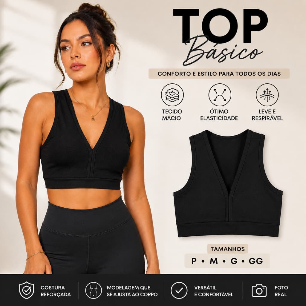 Top Fitness Feminino Preto Básico Bojo Fixo Academia Nadador Confortável P M G Gg Tecido Respirável
