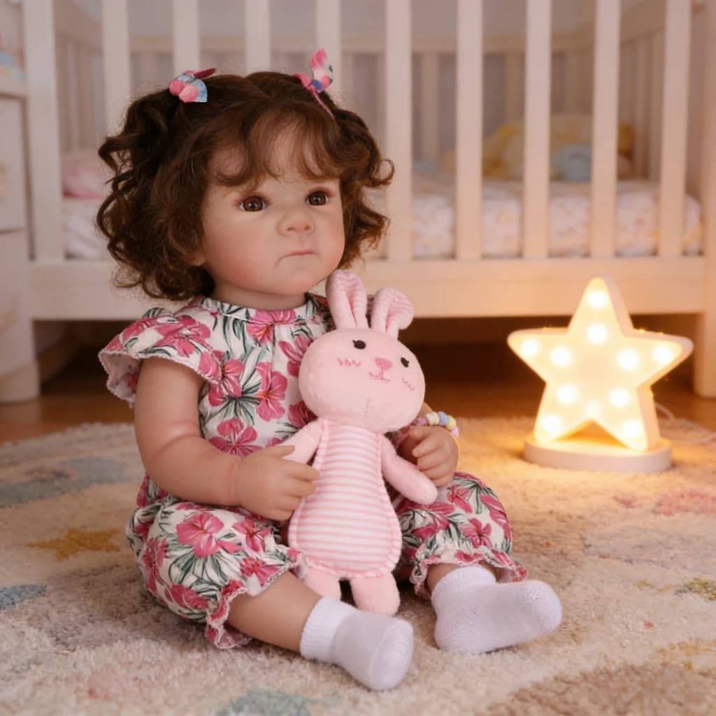 Bebê Reborn Menina 48cm Silicone Realista Olho Castanho Cabelo Implantado Kit Completo Presente Perfeito