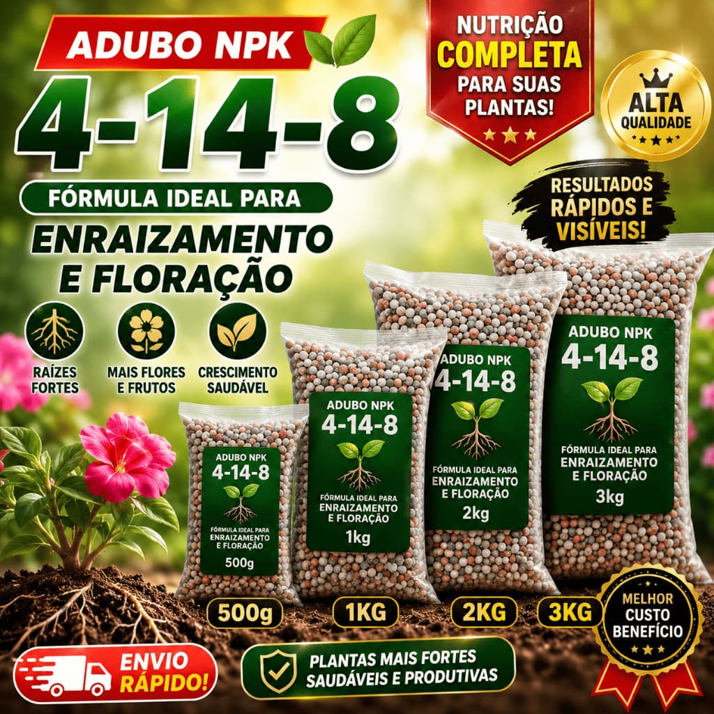 Adubo NPK 4-14-8 Para Flores e Plantas Fertilizante Floração Vasos Jardim Granulado 500g 1kg 2kg 3kg
