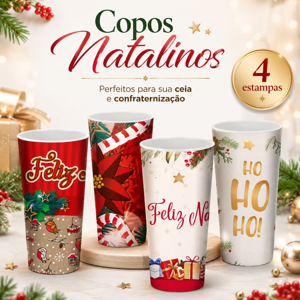 Kit de Copos Decorados Feliz Natal para Brindes Lembrancinhas