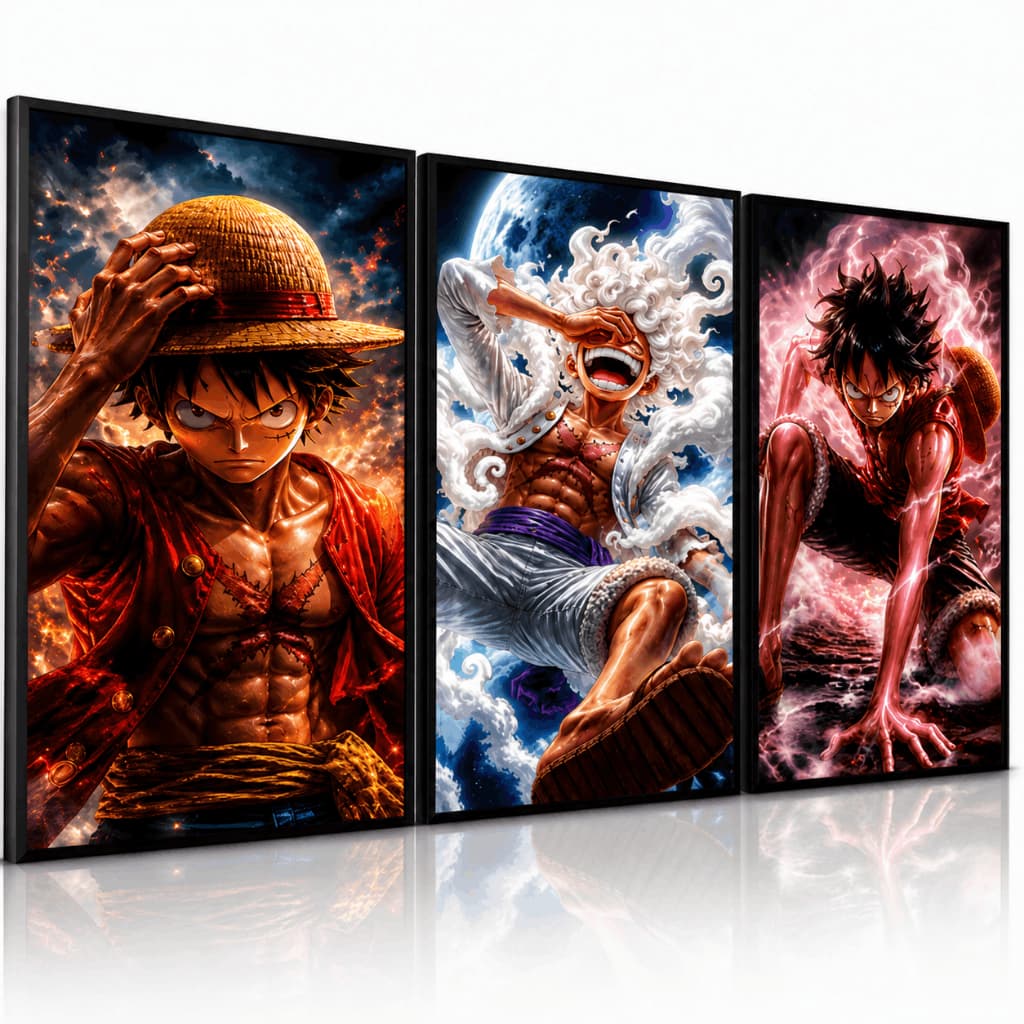 Kit 3 Quadros Decorativos Luffy One Piece Gear 5 Anime para Quarto Gamer e Sala