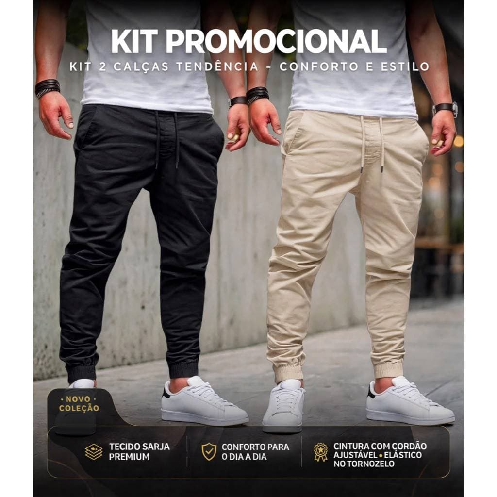 Kit 2 Calças Jogger Masculina Sarja Com Punho Elástico Cintura Ajustável Casual Streetwear Moda Outono Inverno